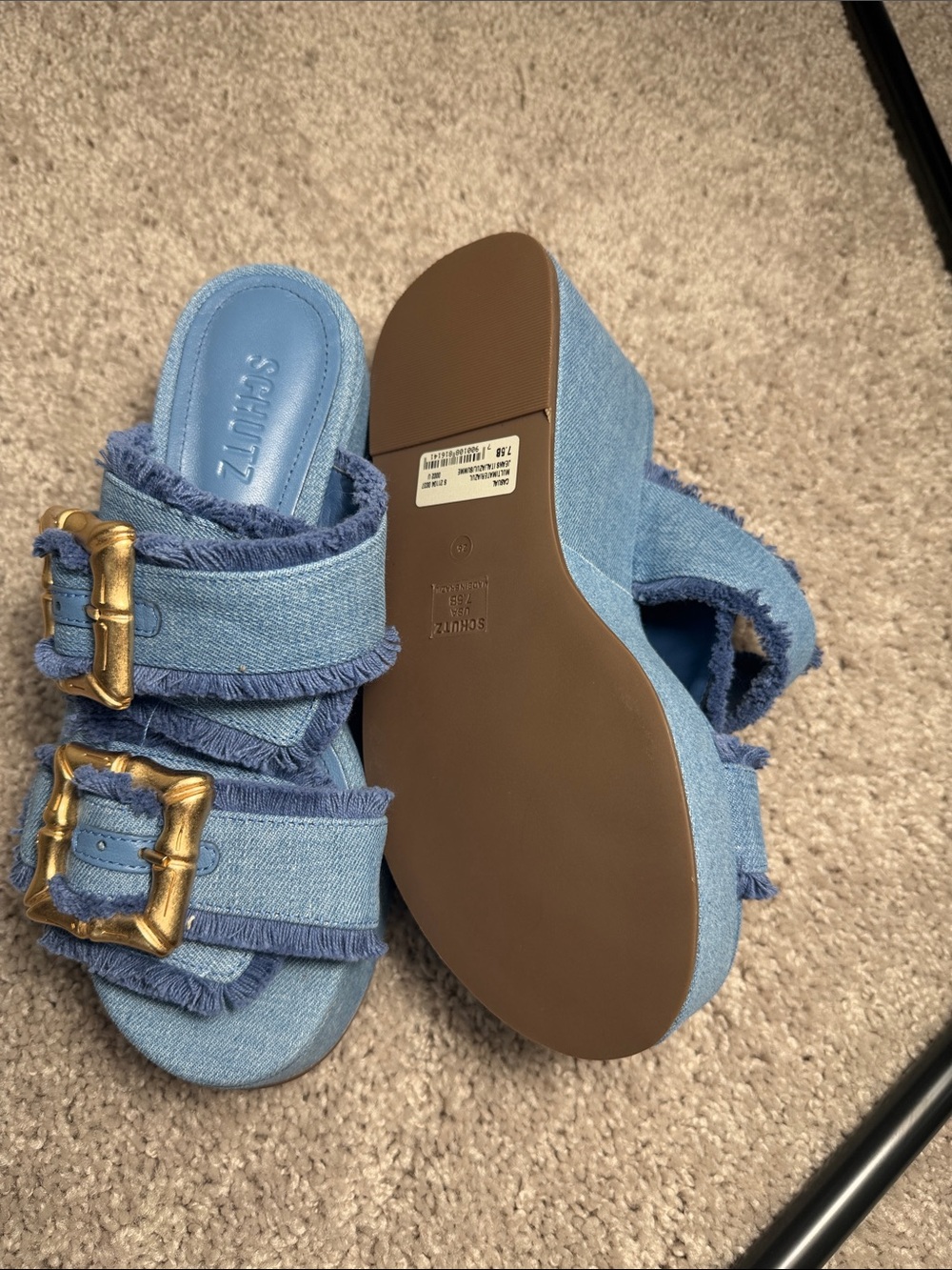 SCHUTZ Blue Denim Platform Slide Mules with Gold Buckles - Picture 3 of 5